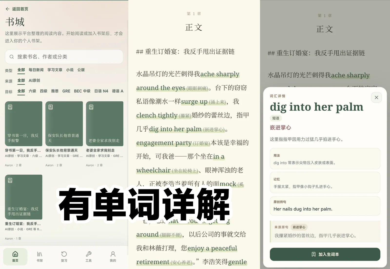 文炼 AI 阅读正文词汇详解界面截图